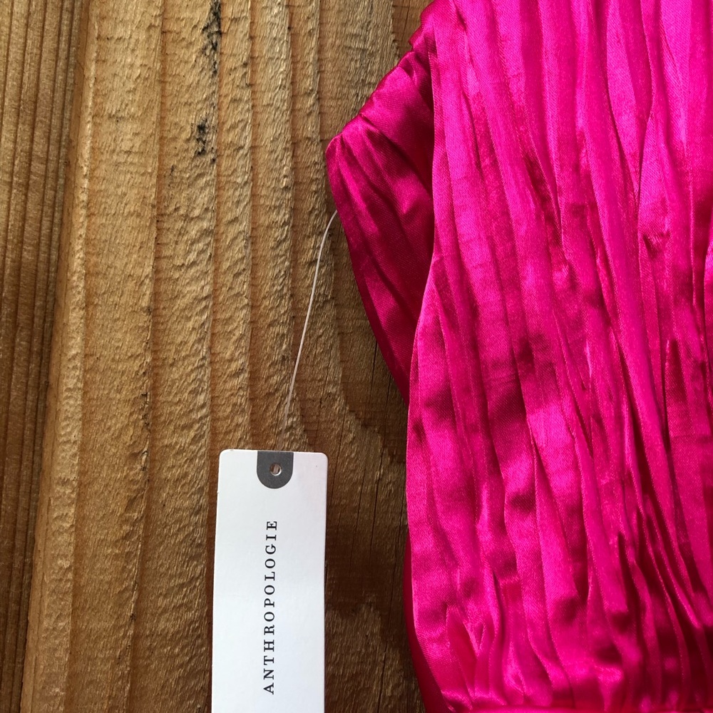 Anthropologie Maeve Fuchsia Bow-Tie Satin Pleated Smocked Back Mini Dress size 4 - Picture 6 of 10